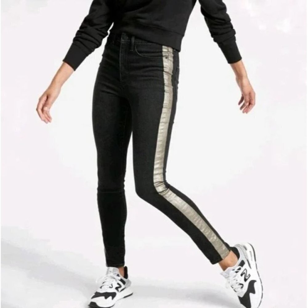 Athleta SKULPTEK Black Metallic High Rise Tuxedo Stripe Skinny Jeans Size 0